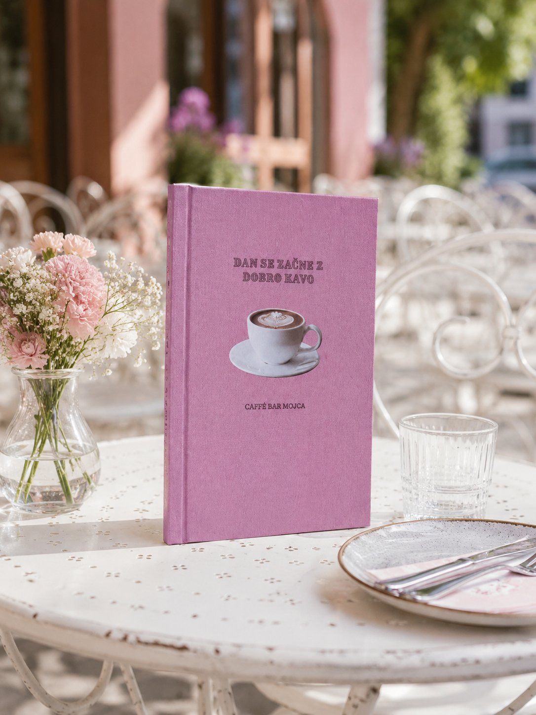 Roza tekstilni meni Caffe Bar Mojca na beli mizi na sončni mestni terasi.