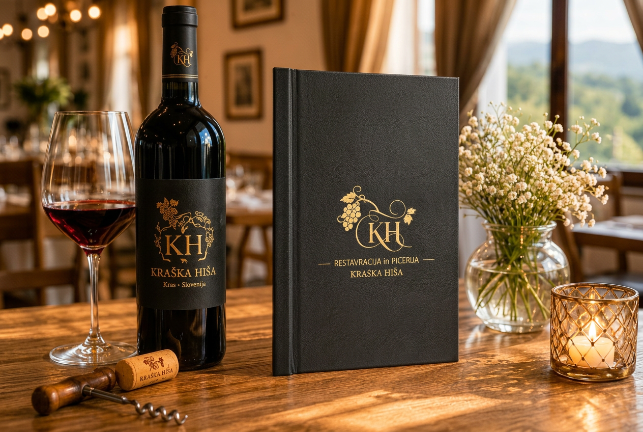 Bordo rdeč usnjen jedilni list formata A4 z zlatim tiskom logotipa Restavracije in picerije Kraška Hiša, položen na toplo leseno hrastovo površino z mehko naravno svetlobo.