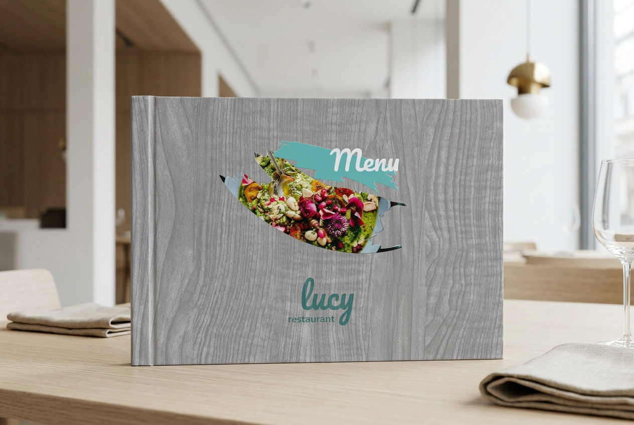 Ležeče A4 platnice menija Lucy restaurant s sivim lesenim videzom, turkiznim napisom 'Menu' in izrezom z barvito jedjo, postavljene pokončno na svetli hrastovi mizi v sodobni minimalistični restavraciji z mehko dnevno svetlobo.