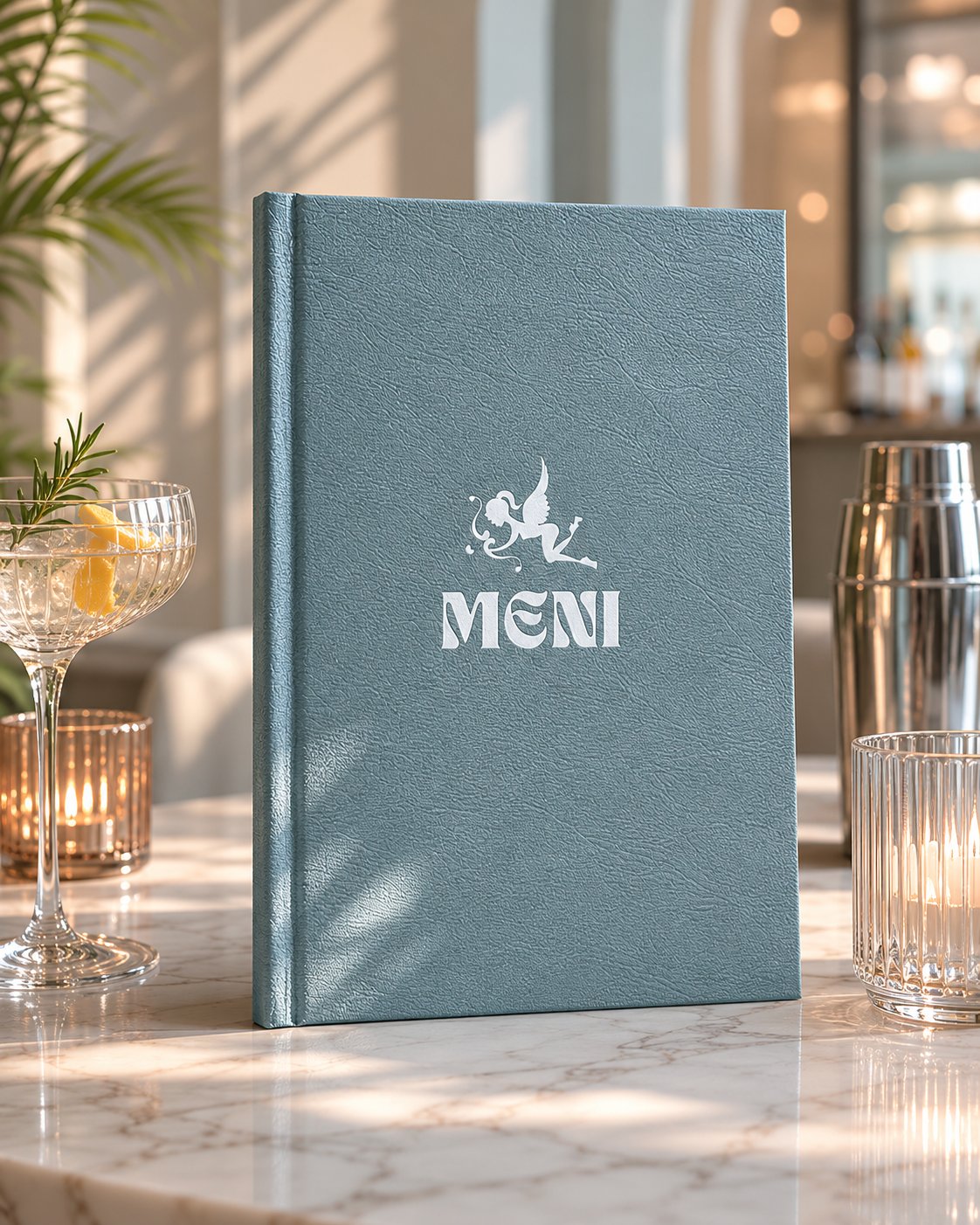 Svetlo moder premium jedilnik na marmorni mizi v elegantnem cocktail baru.