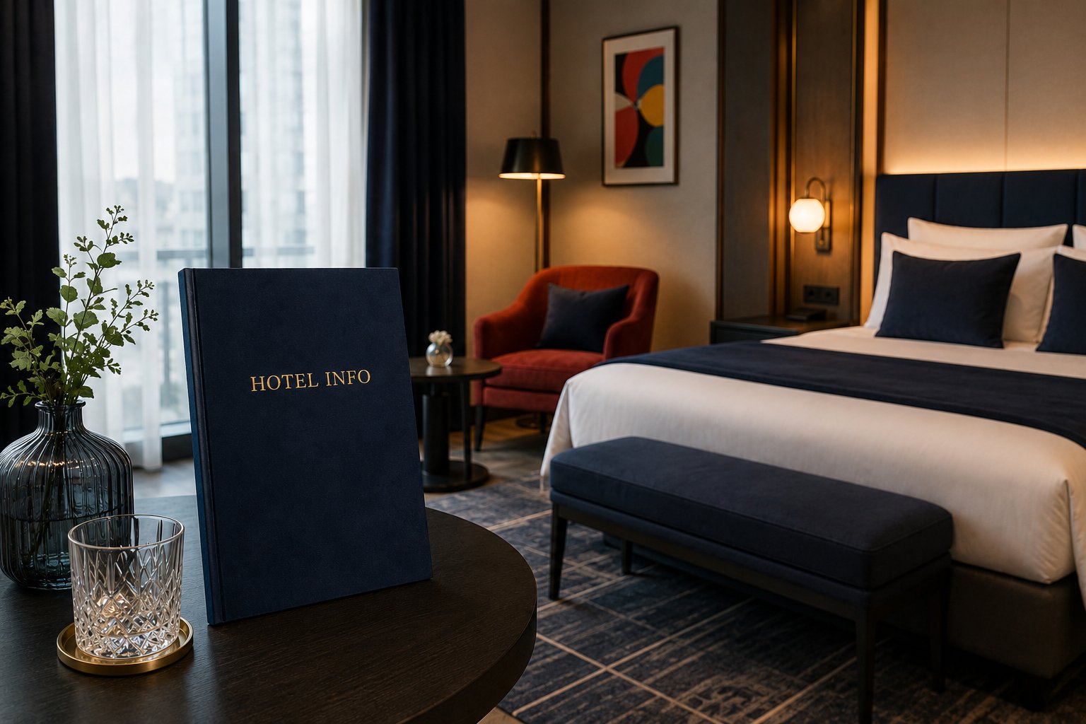 Temno modra hotel info mapa z zlato gravuro na elegantni mizici v sodobni hotelski sobi z usklajenimi modrimi in toplimi zemeljskimi toni, mehko osvetlitvijo ter luksuznim urbanim ambientom