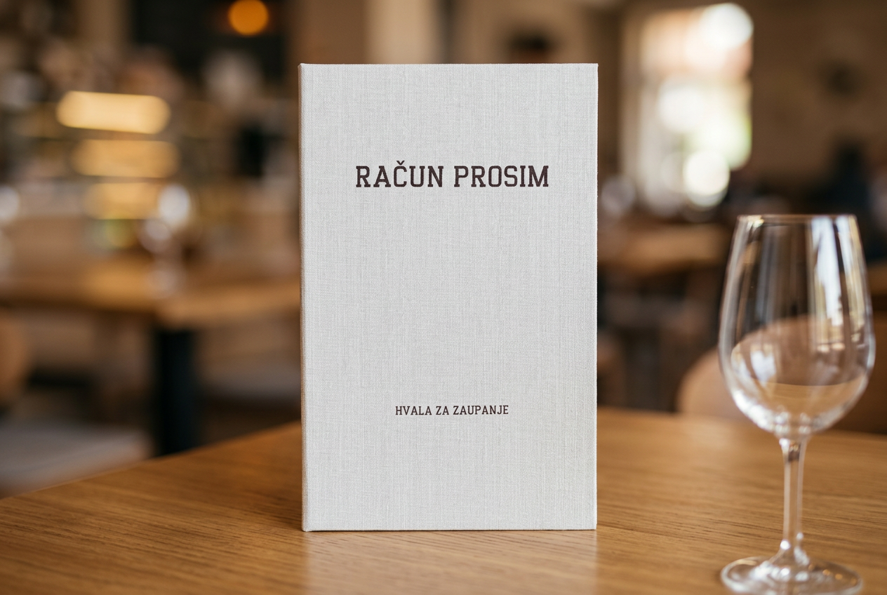 Bela platnena mapa za račun z napisom "RAČUN PROSIM" in "HVALA ZA ZAUPANJE" na leseni mizi v ambientu kavarne, ob kozarcu za vino.