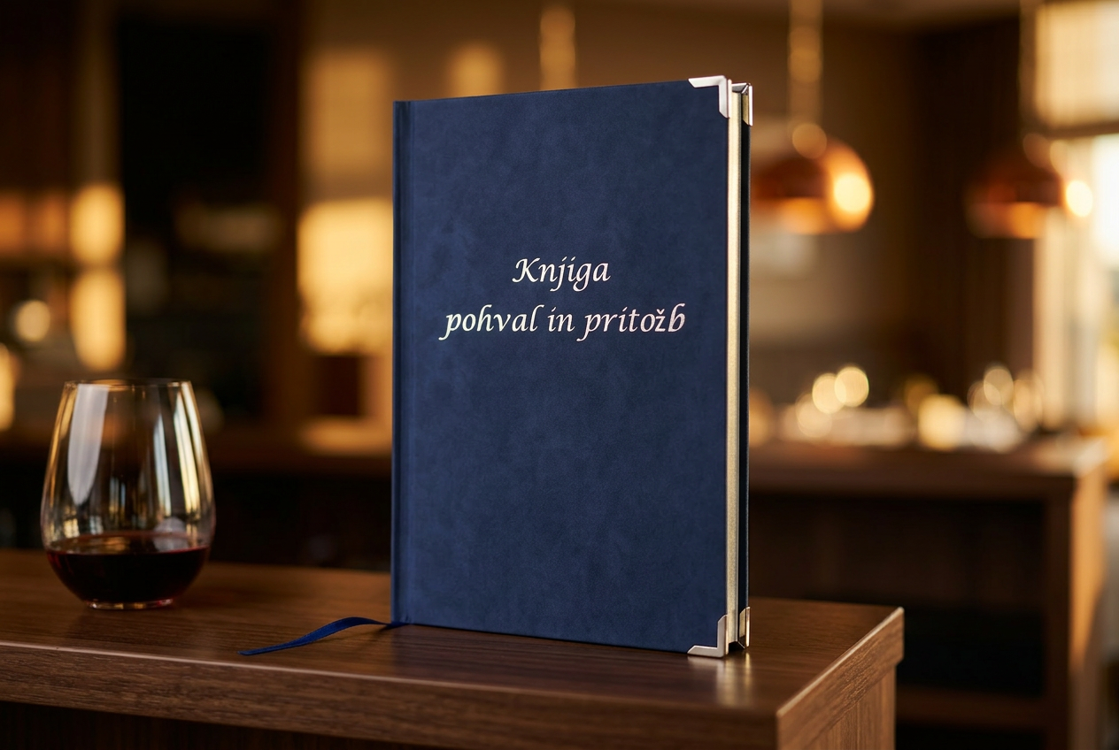 Temno modra suede knjiga pohval in pritožb s srebrnim napisom in srebrnimi kovinskimi vogali na leseni mizi v elegantnem ambientu kavarne, ob kozarcu vina.