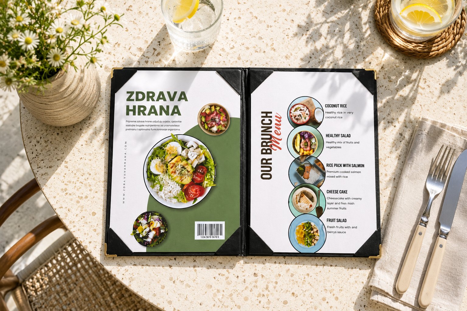 Detajl notranjih vogalov platnic menija, v katere se vstavi prepognjen list ponudbe.