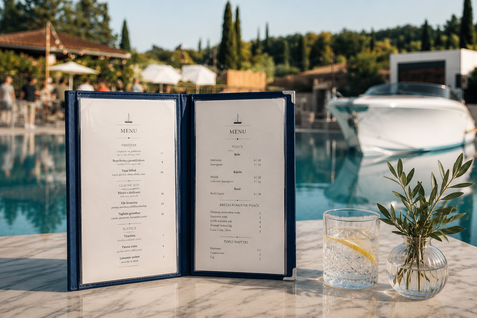Temno modre platnice menija Marina Portorož s prozornimi PVC-srajčkami in vstavljenimi natisnjenimi listi ponudbe.