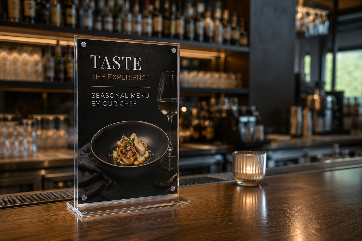 Akrilno namizno stojalo z napisom "Taste the Experience" in fotografijo sezonske jedi na lesenem pultu v elegantnem ambientu restavracije z barom in svečo v ozadju.