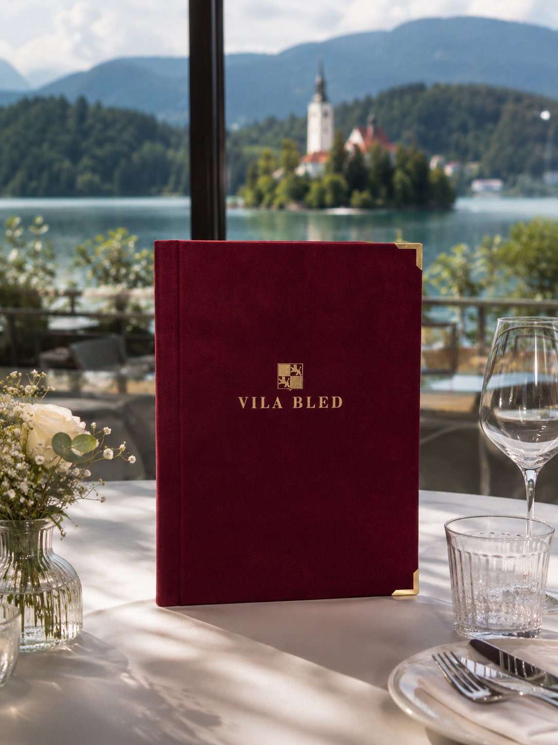 Rdeč žameten jedilnik Vila Bled z zlato gravuro na pogrnjeni mizi.